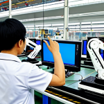 A team of diverse, professional Vietnamese engineers in modest work uniforms, observing advanced robotic arms on an automated assembly line in a clean, modern electronics factory located in an industrial park in Bắc Ninh, Vietnam. Autonomous Guided Vehicles (AGVs) transport materials smoothly in the background. The scene emphasizes efficiency and innovation, showcasing the quiet revolution in Vietnamese factories. Perfect anatomy, correct proportions, natural pose, well-formed hands, proper finger count, natural body proportions. Safe for work, appropriate content, fully clothed, professional, high-quality photograph, realistic.