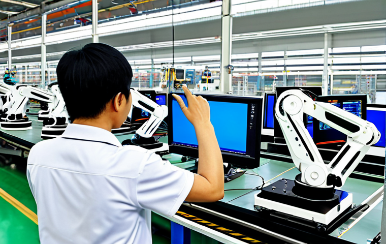 A team of diverse, professional Vietnamese engineers in modest work uniforms, observing advanced robotic arms on an automated assembly line in a clean, modern electronics factory located in an industrial park in Bắc Ninh, Vietnam. Autonomous Guided Vehicles (AGVs) transport materials smoothly in the background. The scene emphasizes efficiency and innovation, showcasing the quiet revolution in Vietnamese factories. Perfect anatomy, correct proportions, natural pose, well-formed hands, proper finger count, natural body proportions. Safe for work, appropriate content, fully clothed, professional, high-quality photograph, realistic.