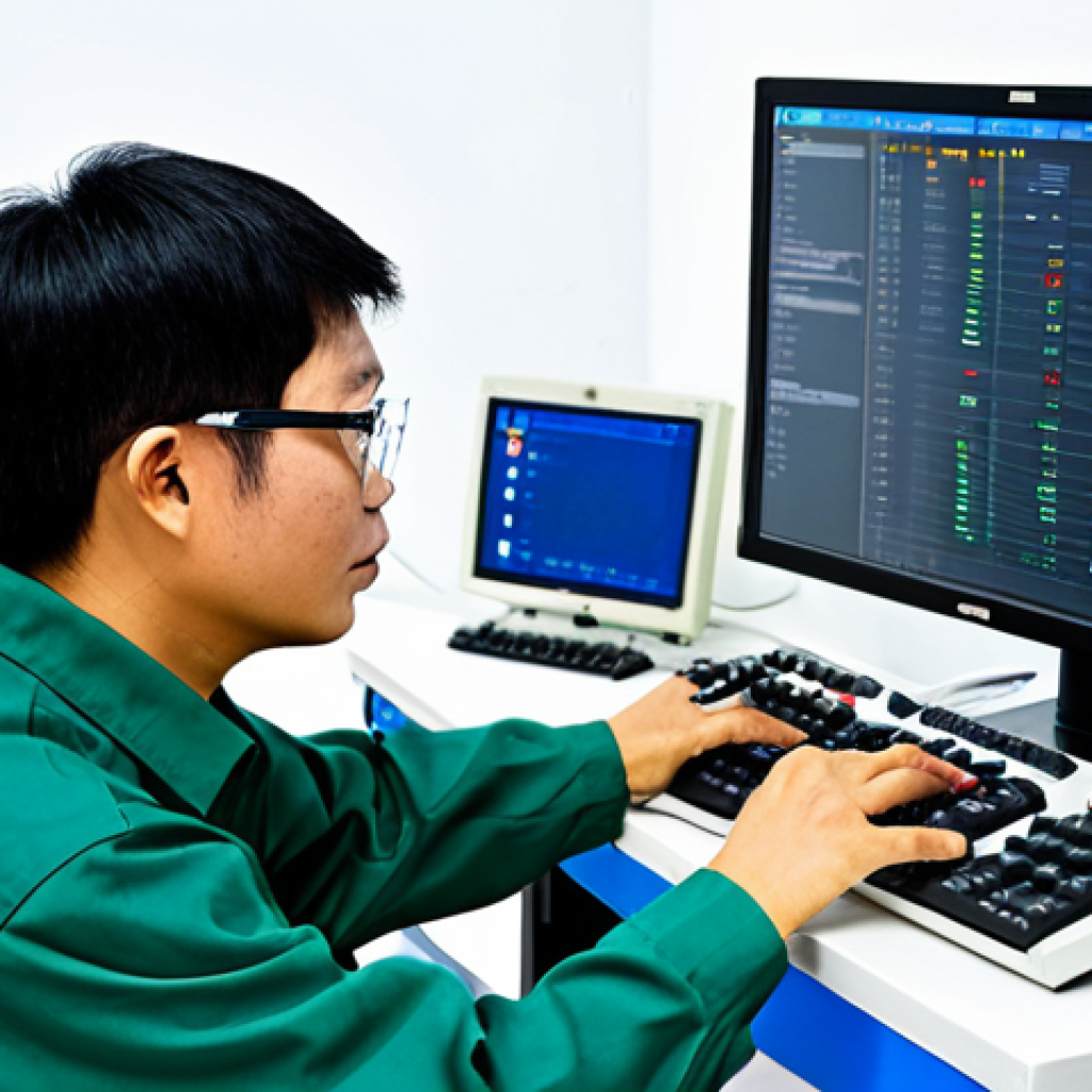 PLC Programming**
"A Vietnamese automation technician in a clean, modern workshop, fully clothed in appropriate work attire (long sleeves, safety glasses), focused on programming a PLC (Programmable Logic Controller) using a computer with Vietnamese language interface. The PLC is connected to various industrial sensors and actuators. Safe for work, appropriate content, professional environment, perfect anatomy, natural proportions, modest attire, high quality."
**