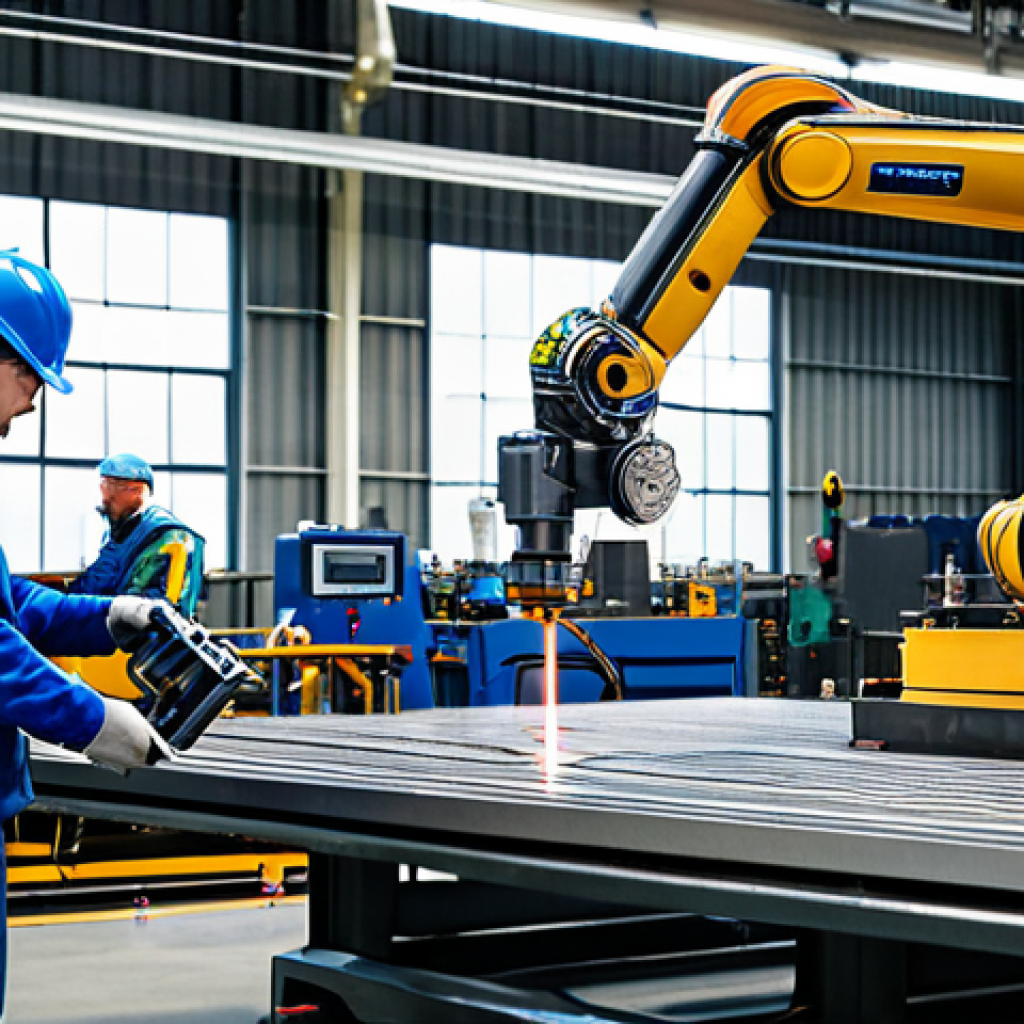 자동화 설비 현장 작업 사례 - "A modern factory floor featuring a robotic welding arm precisely joining metal components, fully cl...