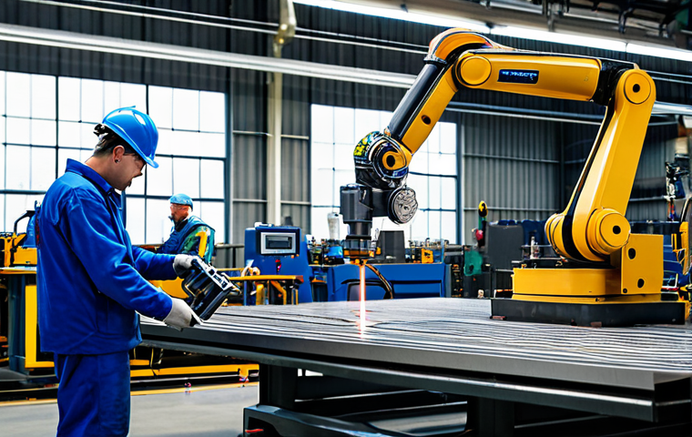 자동화 설비 현장 작업 사례 - "A modern factory floor featuring a robotic welding arm precisely joining metal components, fully cl...