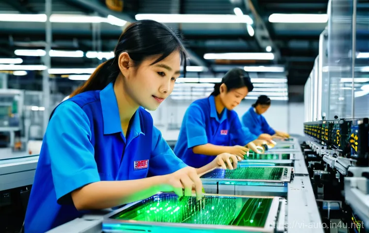 공장자동화와 머신러닝 - **Prompt:** A futuristic and clean manufacturing floor in a Vietnamese factory. Advanced robotic arm...