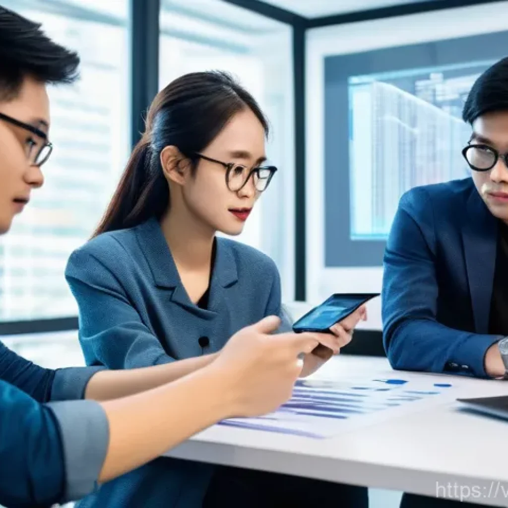 공장자동화로 인한 직업 변화 - "A group of young Vietnamese tech professionals, two women and two men, are intensely collaborating ...