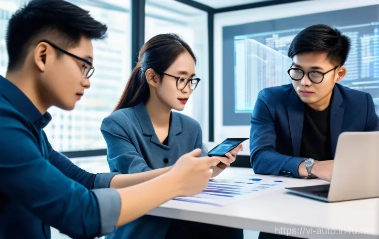 공장자동화로 인한 직업 변화 - "A group of young Vietnamese tech professionals, two women and two men, are intensely collaborating ...