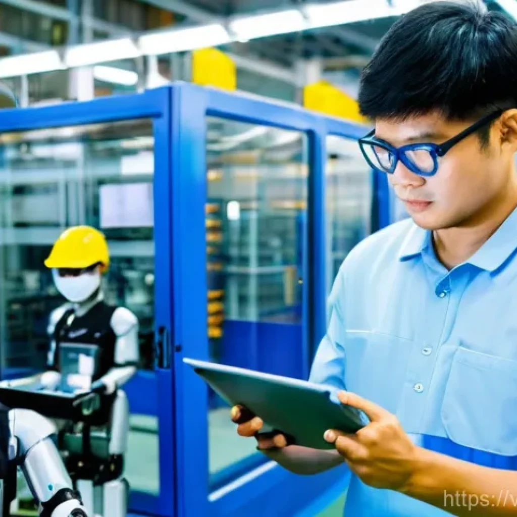 공장자동화 엔지니어의 커리어 패스 - **Prompt:** A modern, brightly lit factory floor in Vietnam, where a young Vietnamese automation eng...