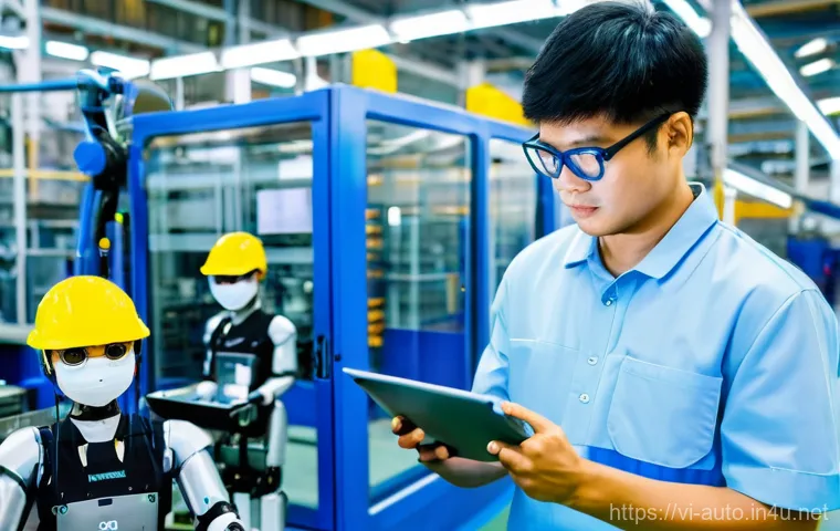 공장자동화 엔지니어의 커리어 패스 - **Prompt:** A modern, brightly lit factory floor in Vietnam, where a young Vietnamese automation eng...
