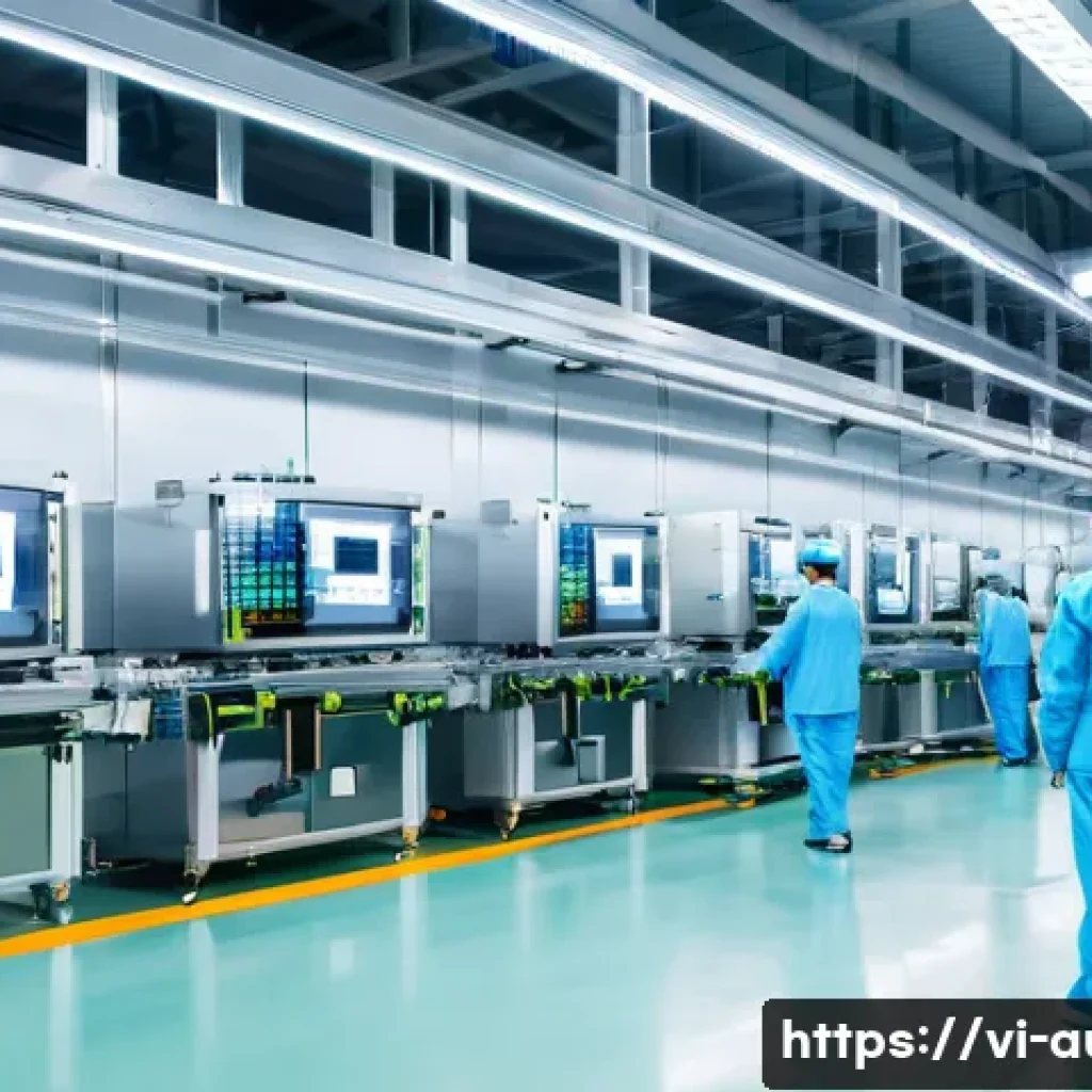 공장자동화 솔루션 도입 사례 - A modern Vietnamese electronics factory interior showcasing a high-tech IoT-enabled production line,...