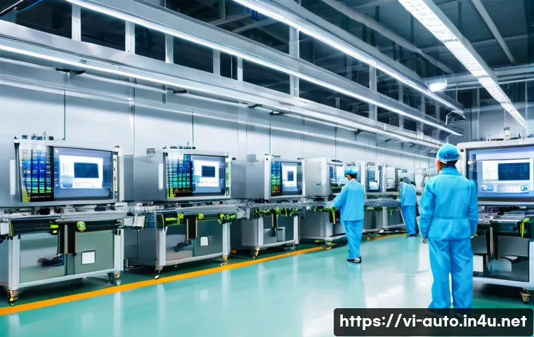 공장자동화 솔루션 도입 사례 - A modern Vietnamese electronics factory interior showcasing a high-tech IoT-enabled production line,...