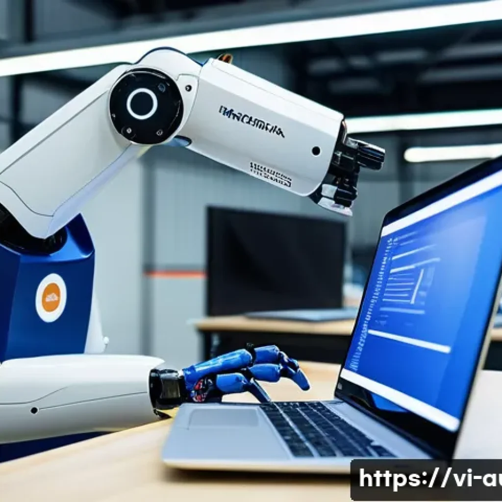 산업용 로봇 프로그래밍 언어 비교 - A detailed industrial robot arm operating in a high-tech Vietnamese factory environment, controlled ...