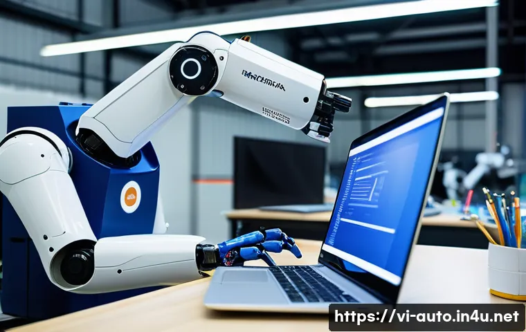 산업용 로봇 프로그래밍 언어 비교 - A detailed industrial robot arm operating in a high-tech Vietnamese factory environment, controlled ...