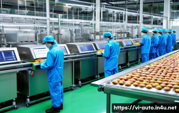 공장자동화 장비 업그레이드 사례 - A modern Vietnamese food processing factory interior featuring an advanced smart sensor system mount...