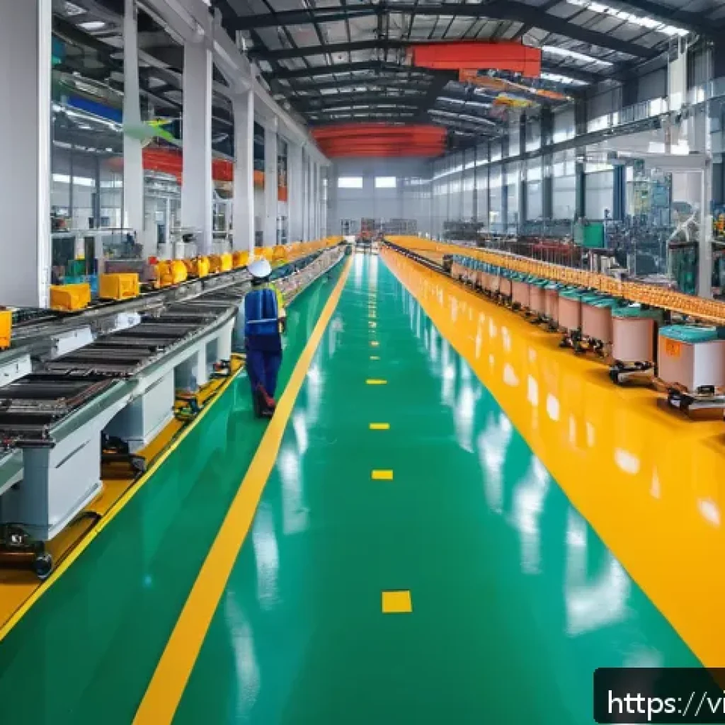 공장자동화 설비의 사고 방지 대책 - A modern Vietnamese industrial factory interior showing a well-organized automated production line w...