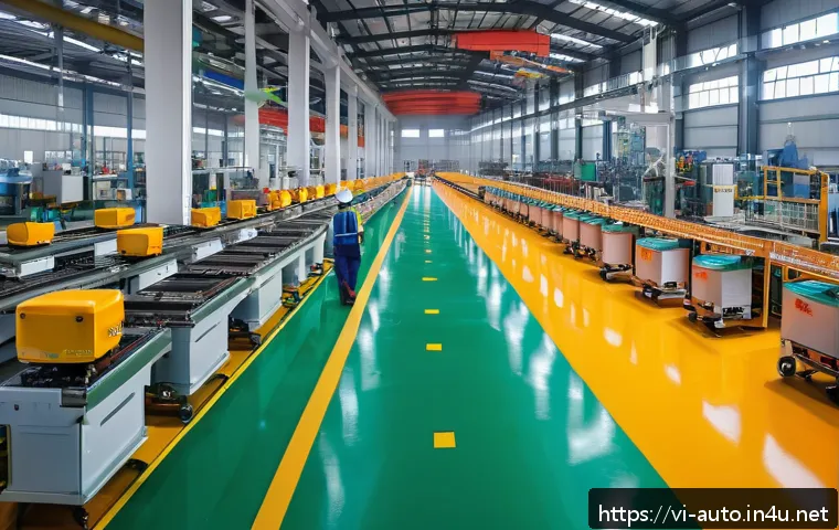 공장자동화 설비의 사고 방지 대책 - A modern Vietnamese industrial factory interior showing a well-organized automated production line w...