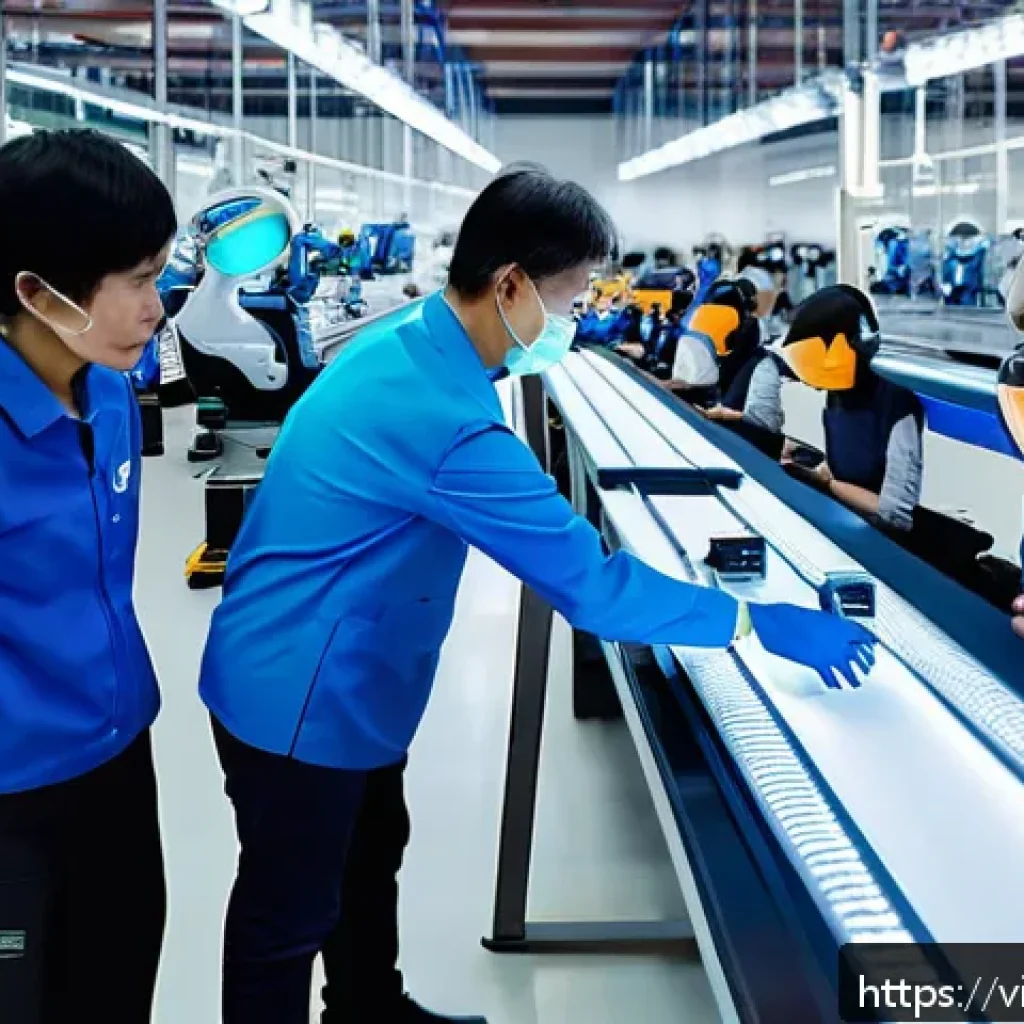 산업용 로봇과 협동 로봇 차이점 - A modern Vietnamese electronics factory interior showing a collaborative robot (cobot) working along...