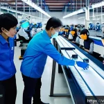 Home 22 산업용 로봇과 협동 로봇 차이점 - A modern Vietnamese electronics factory interior showing a collaborative robot (cobot) working along...