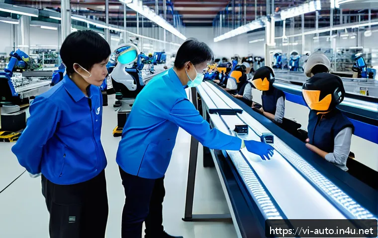 산업용 로봇과 협동 로봇 차이점 - A modern Vietnamese electronics factory interior showing a collaborative robot (cobot) working along...