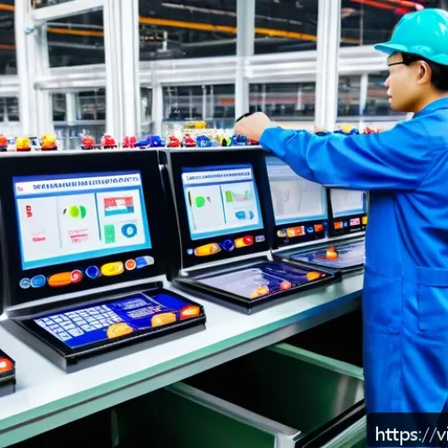 Home 33 공장자동화 엔지니어링 툴 추천 - A modern industrial production line featuring advanced PLC control panels with multiple colorful LED...
