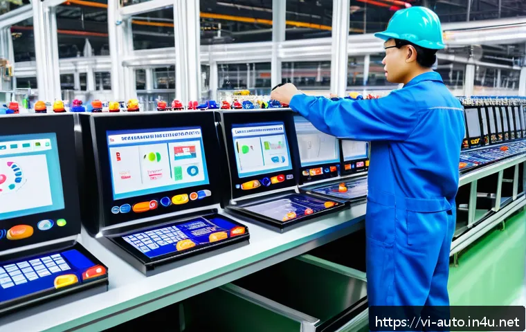 공장자동화 엔지니어링 툴 추천 - A modern industrial production line featuring advanced PLC control panels with multiple colorful LED...