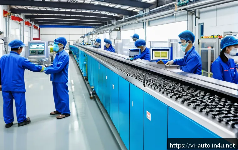 공장자동화 부품 선정 가이드 - A high-tech industrial factory production line in Vietnam, featuring advanced optical sensors instal...
