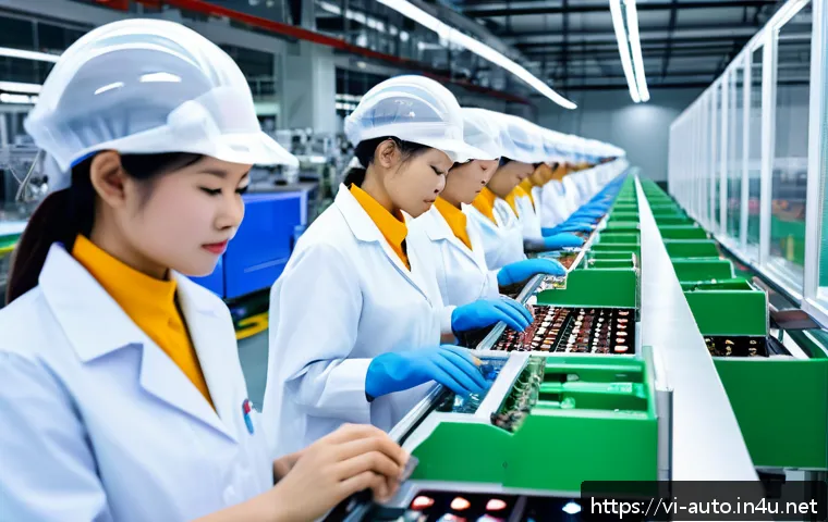 공장자동화와 지속 가능성 - A modern Vietnamese electronics factory interior showcasing advanced automation technology: sleek ro...