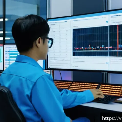 Home 30 공장자동화 유지보수 체크포인트 - A modern industrial maintenance control room with multiple large screens displaying real-time sensor...