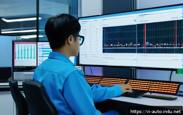 공장자동화 유지보수 체크포인트 - A modern industrial maintenance control room with multiple large screens displaying real-time sensor...