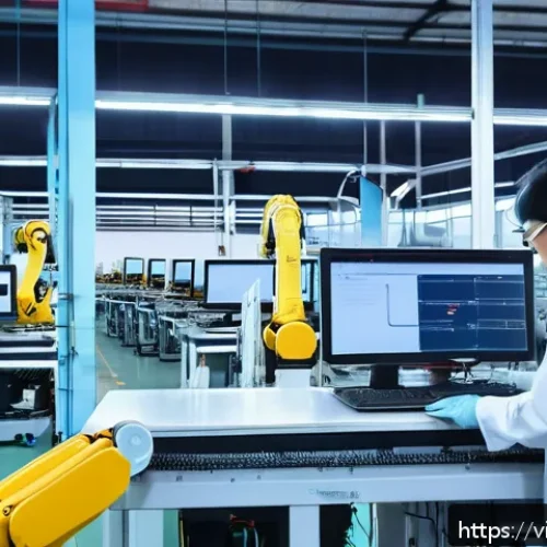 Home 17 산업용 로봇의 설치 및 운용 - A modern Vietnamese industrial factory interior featuring a multi-jointed robotic arm performing pre...