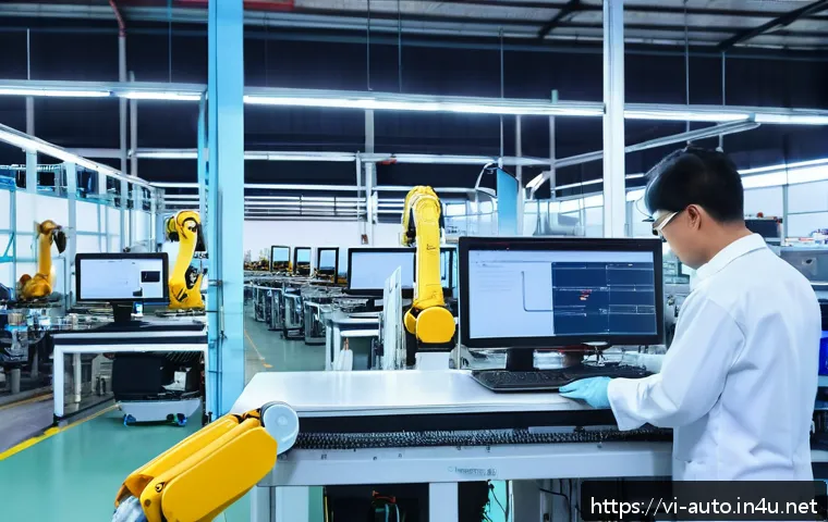 산업용 로봇의 설치 및 운용 - A modern Vietnamese industrial factory interior featuring a multi-jointed robotic arm performing pre...